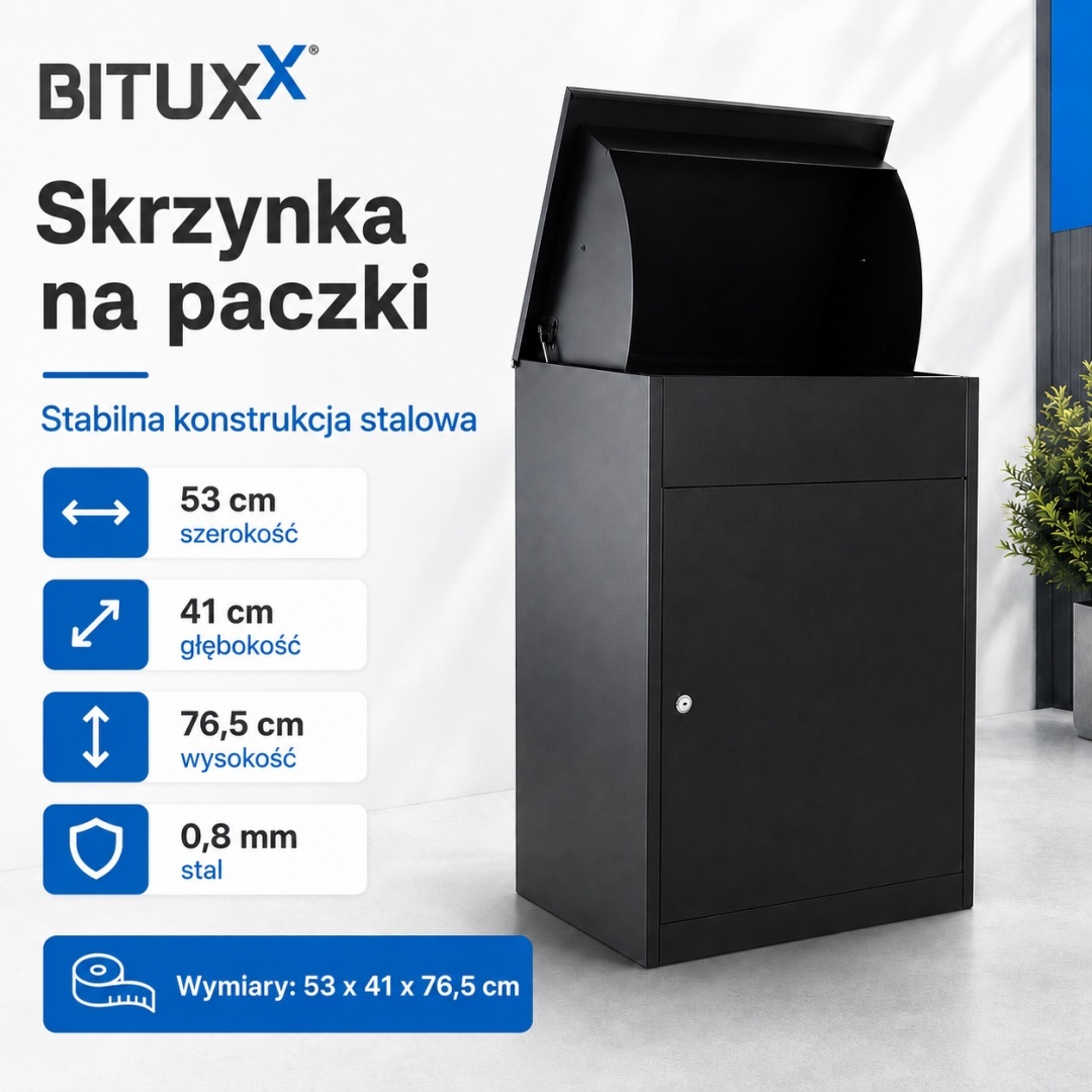 Schránka na balíky BITUX 90L ocelová uzamykatelná černá voděodolná 53x41x76,5 M19995